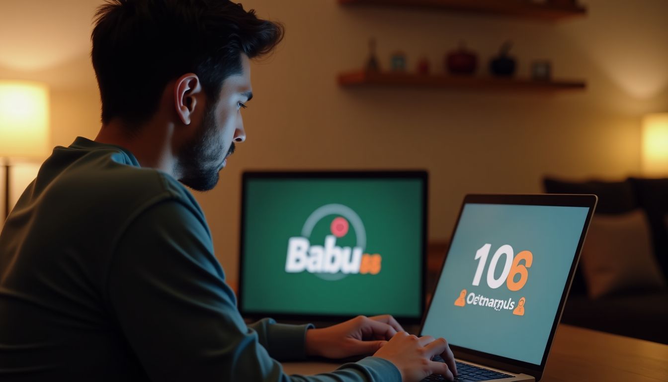 A person in their mid-30s casually browses Babu88 Bangladesh Casino on a laptop.